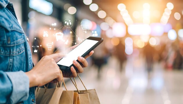 Woman shopping online in mall.