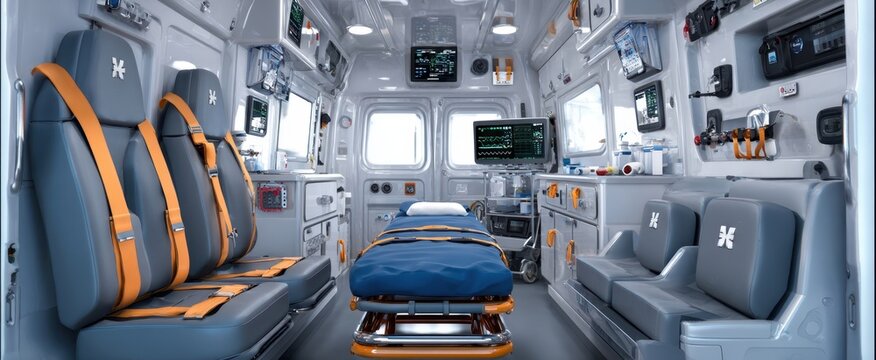 The modern interior of an ambulance featuring advanced medical equipment and seating.