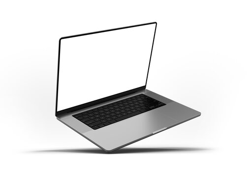 A laptop with a blank screen floating at an angle against a transparent background, showcasing minimalist design and advanced technology. 3d render