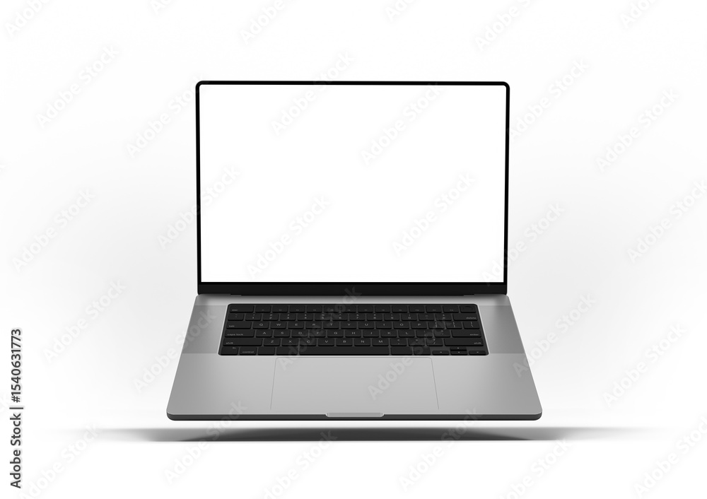 Poster a laptop with a blank screen floating on a transparent background, showcasing minimalist design and 