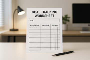 White Goal Tracking Worksheet Table Action Steps Progress Deadline Pen Desk Lamp Office Background image