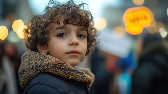 A young boy with a determined expression, standing in the midst of a protest for human rights, advocating for social change. - Powered by Adobe