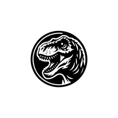 A black and white illustration of a Tyrannosaurus Rex head within a circular frame.