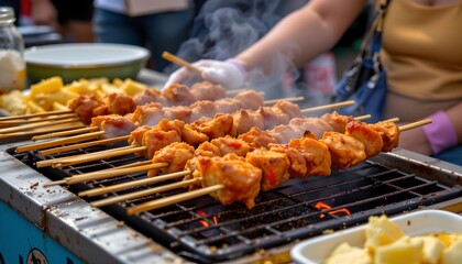 Naklejka premium this is an outdoor scene where food is being cooked on a barbecue grill. several pieces of cooked meat, likely chicken or pork, are skewered with wooden sticks and placed on the grill