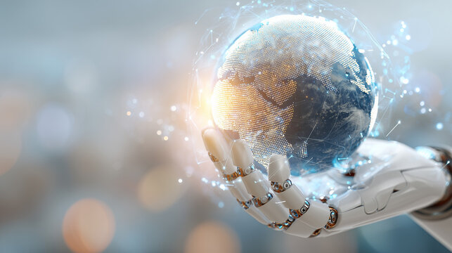 A robotic arm holds a rotating Earth with network connections. The digital globe is illuminated with gold and blue data points symbolizing the global network, artificial intelligence, innovation