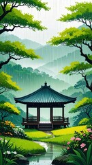 Fototapeta premium Serene Spring Rainy Landscape with Traditional Shelter and Lush Greenery