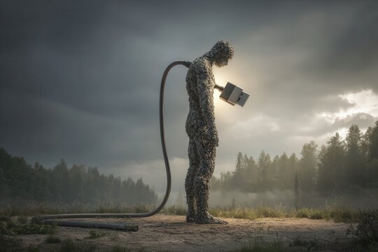 Stone golem unplugging giant usb cable in surreal landscape - Powered by Adobe