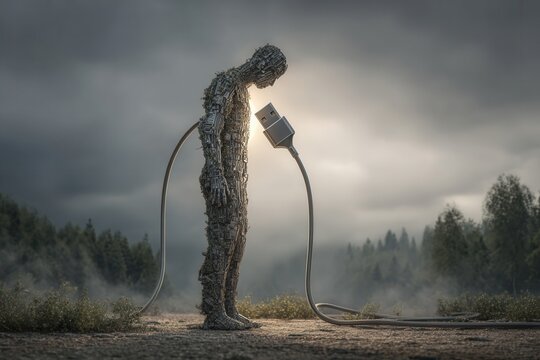 Metallic human figure unplugging from digital world in misty landscape