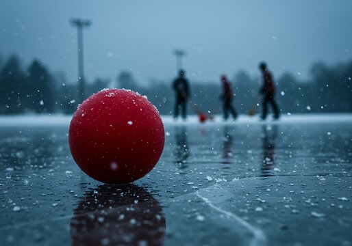 Red ball on icy surface with blurred background of people playing bandy in snow. broomball. broom ball. broomballs. ice broom ball