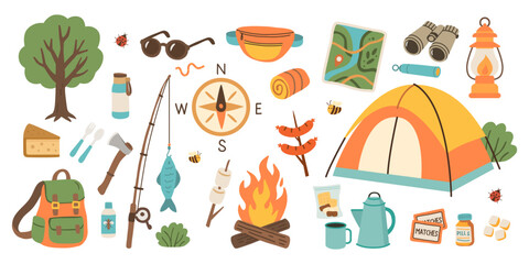 Camping and Hiking Vector Set with Tent, Campfire, Backpack, Tools, and Forest Elements &ndash; Colorful Hand Drawn Illustration for Outdoor Adventure, Tourism, and Nature Exploration Projects