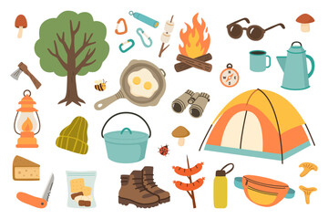 Camping and hiking hand drawn set. Includes tent, boots, campfire, cooking equipment, food, compass, lantern, tree, and outdoor accessories. Perfect for travel, stickers, and adventure projects