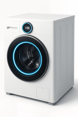 A modern, white washing machine with a sleek design, illuminated display, and futuristic blue accents, perfect for home appliance visuals, isolated on white background