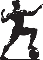 Silhouette of muscular soccer player pointing with foot on ball and flexing arm in vector art