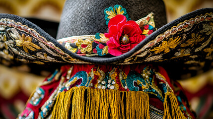 acercamiento de un sombrero tradicional elegante y cultural contemporaneo con adornos y detalles coloridos 