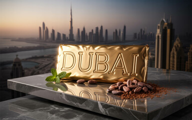 Elegant Gold Wrapped Dubai Chocolate Bar with Skyline Background and Cocoa Decor