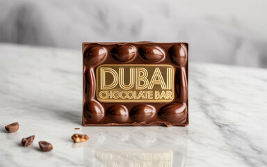 Luxury Dubai Chocolate Bar with Golden Label and Cocoa Beans. Dubai Chocolate