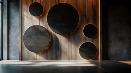 un muro de una habitacion color negro con un panel de madera y espejos o circulos negros para decorar elegante minimalista