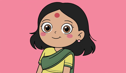Fototapeta premium Cute Indian Cartoon Girl with Bindi: Childhood, Happiness & Traditional Culture