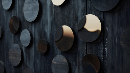 un muro o pared negra elegante y de lujo con circulos de madera y con espejos para decorar contemporaneo y elegancia