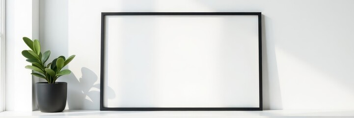 Modern black picture frame against bright white backdrop , mockup, frame, gallery