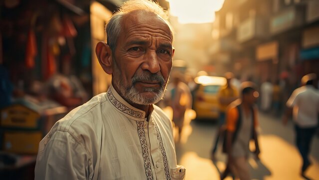  Portrait of a Smiling Elderly Man in Traditional Pakistani Clothing on a Busy Street. The image is a portrait of a smiling older man with a white beard wearing traditional Pakistani attire. 