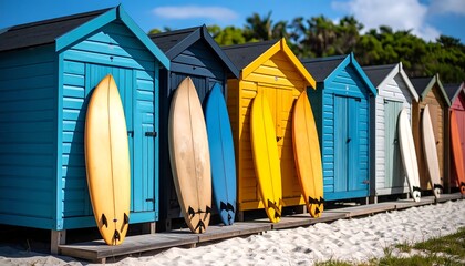 Colorful Beach Huts Surfboards.