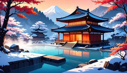 Obraz premium Serene Winter Landscape with Traditional Baths and Snow-Capped Mountains