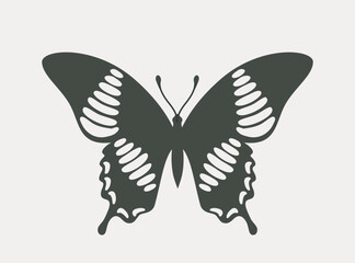 Elegant black butterfly silhouette with cutout wing patterns, minimal flat graphic style, on a light cream background. Concept of nature and beauty. Vector illustration