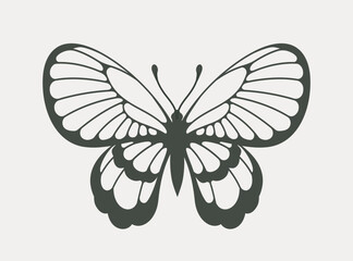 Symmetrical black butterfly silhouette with detailed wing structure, flat graphic style, isolated on a light background. Concept of nature and elegance. Vector illustration