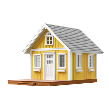 Modern cottage style small yellow house isolated on transparent background 3d render There are plank wall gray roof and wooden terrace