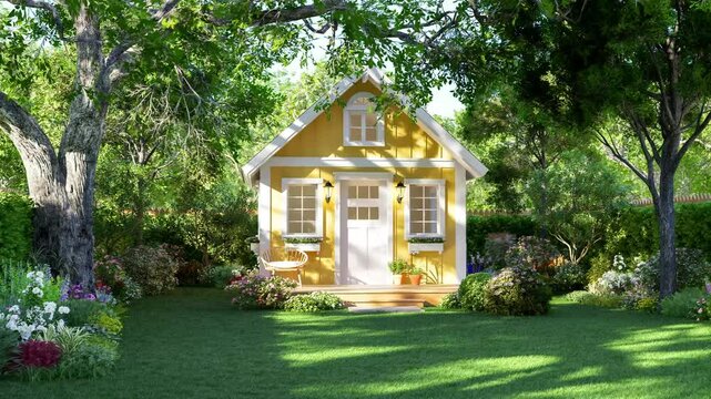 Animation of modern cottage style cute tiny yellow house with empty green lawn 3d render Surrounded by nature.