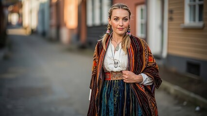 Woman Posing in Traditional Sami Clothing in a Street Setting.  The image showcases a woman with blonde hair in braids, adorned in traditional Sami clothing, standing on a street. 