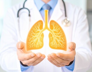 Doctor in a medical lab holding a glowing 3D lung model, symbolizing advanced healthcare, pulmonology, and scientific innovation. Perfect for medical research, respiratory health, or tech-based diagno