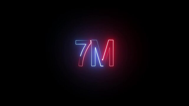 7M million neon glowing text animation on black background.7 Million achievement for social media videos animation.