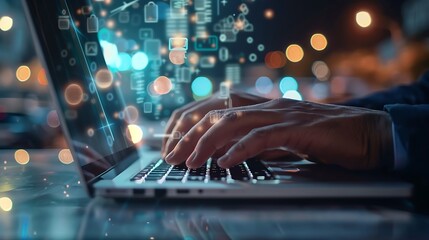 Person typing on a laptop with digital interface overlay.