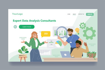 Team of data analysis consultants discussing graphs and charts, flat cartoon style on white and green office background. Concept of business analytics. Vector illustration