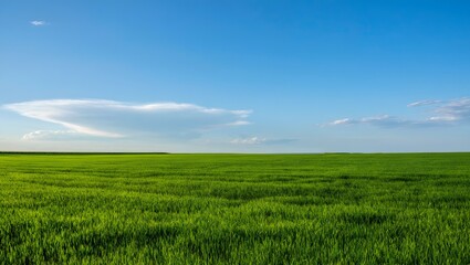Obraz premium Green Grassland with Rolling Hills Under Cloudy Sky in Bright Minimal Nature Landscape