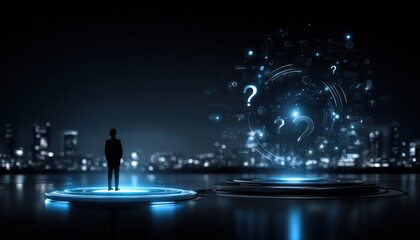 Silhouette figure facing futuristic holographic question mark sphere over city lights