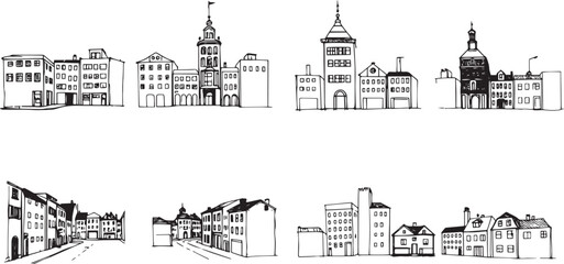 Set of city buildings. Line urban backdrop, different buildings on street, doodle street draw, outline cityscape hand sketch, flat houses. Hand drawn vector illustration