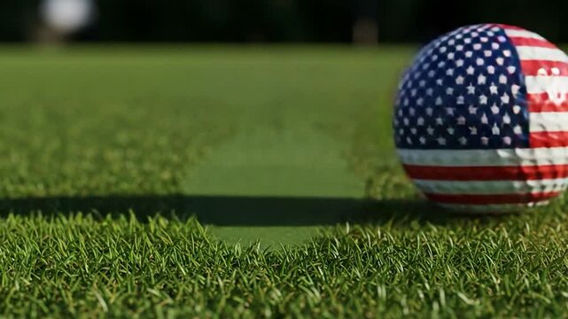 Golf ball with american flag design on green grass lawn close up