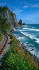 Coastal Railway's Serenity: A scenic coastal railway winds along the shoreline, offering stunning ocean views, with rugged cliffs, lush greenery, and a tranquil atmosphere.