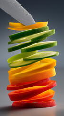 Colorful Vegetable Slices: A close-up view showcases artfully arranged slices of vibrant bell peppers and a cucumber, with a silver knife delicately poised above. These vivid.