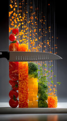 A Culinary Symphony: A knife slices through a vibrant arrangement of colorful vegetables, representing the art of cooking. Capturing the fresh and vibrant ingredients.