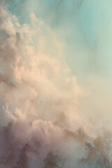 Obraz premium Fluffy pink and turquoise clouds drifting over misty forest canopy