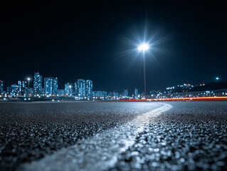 Night City Asphalt: A low-angle perspective of an empty asphalt road at night, with a bright streetlight illuminating the foreground and a modern cityscape shimmering in the distance.