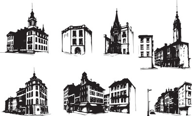 Fototapeta premium Set of city buildings. Line urban backdrop, different buildings on street, doodle street draw, outline cityscape hand sketch, flat houses. Hand drawn vector illustration