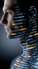 Digital Interface: Man's face illuminated with intricate digital code, merging human form with technological advancement in a captivating interface.