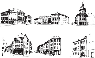 Set of city buildings. Line urban backdrop, different buildings on street, doodle street draw, outline cityscape hand sketch, flat houses. Hand drawn vector illustration