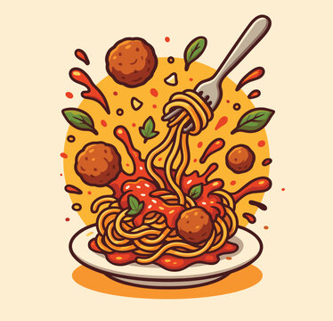 Spaghetti and Meatballs Cartoon Vector Icon Illustration Delicious Italian Dish Isolated Flat Design
