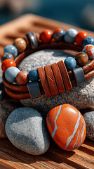 Artisan Bracelet: A captivating shot of a meticulously crafted artisan bracelet, adorned with an array of vibrant, earthy stones. The bracelet rests elegantly against a natural, textured background.